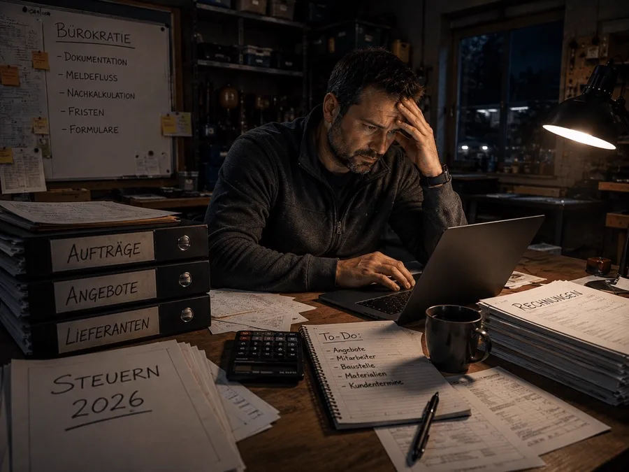 Betriebsinhaber arbeitet nachts am Laptop, umgeben von Aktenordnern und Steuerunterlagen